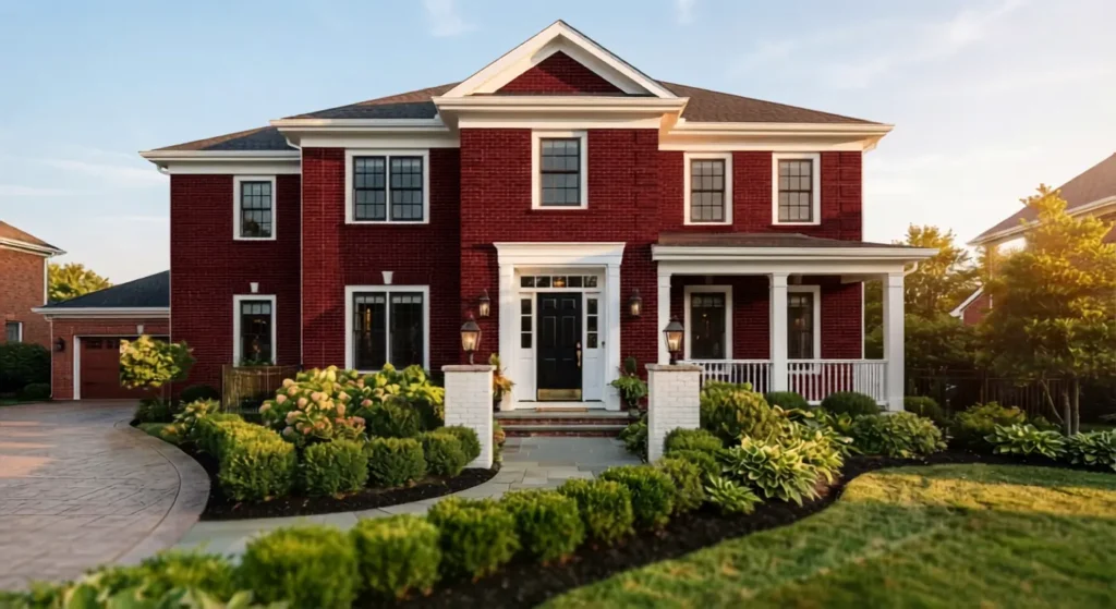 Red brick house exterior paired with white trim and a black front door for curb appeal