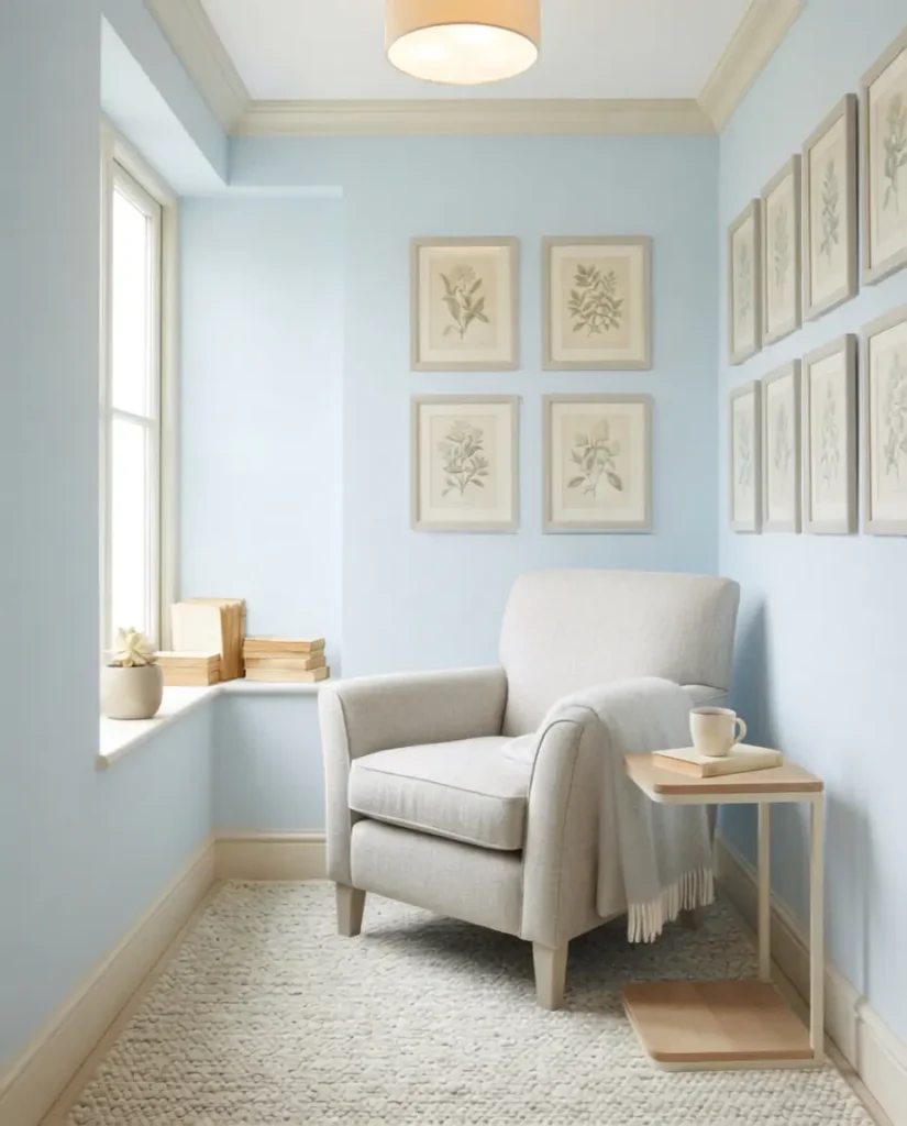Small light blue room styled with pale warm gray and cream to keep the space feeling open
