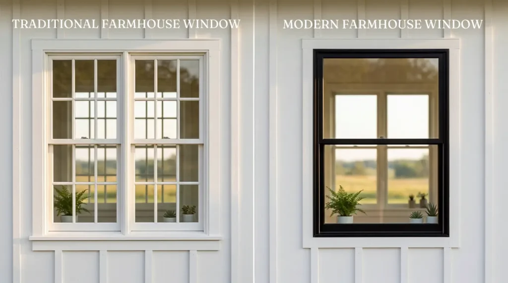 Split image comparing traditional white grid windows and modern black frameless windows
