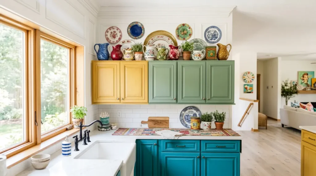Curated vintage pottery collection above kitchen cabinets
