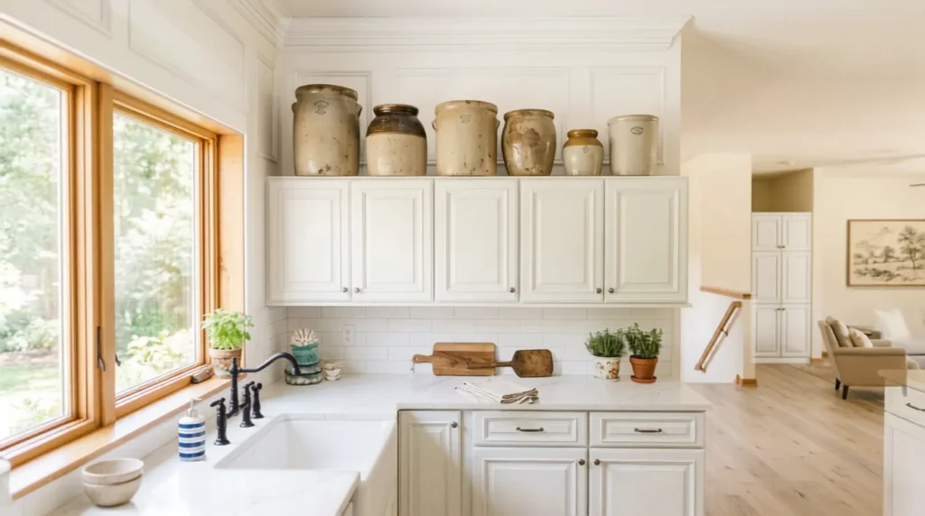 Vintage stoneware crocks grouped above kitchen cabinets
