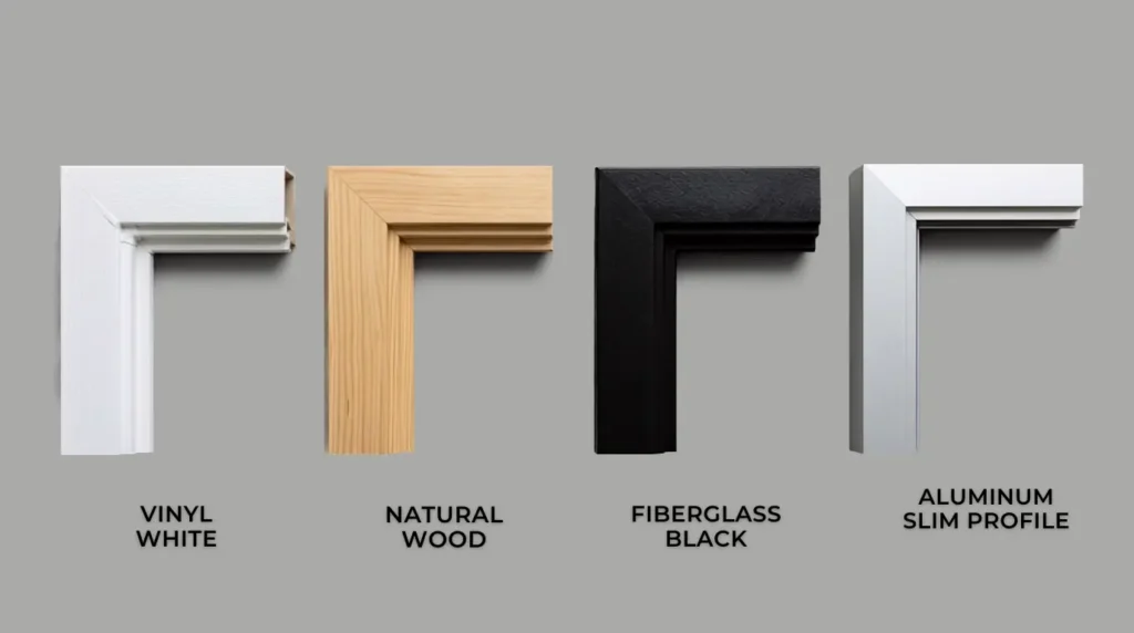 Four window frame material samples vinyl wood fiberglass and aluminum
