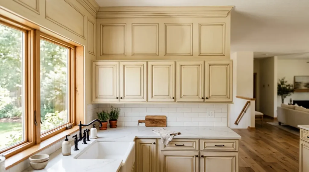 Wood paneled wainscoting above kitchen cabinets painted to match