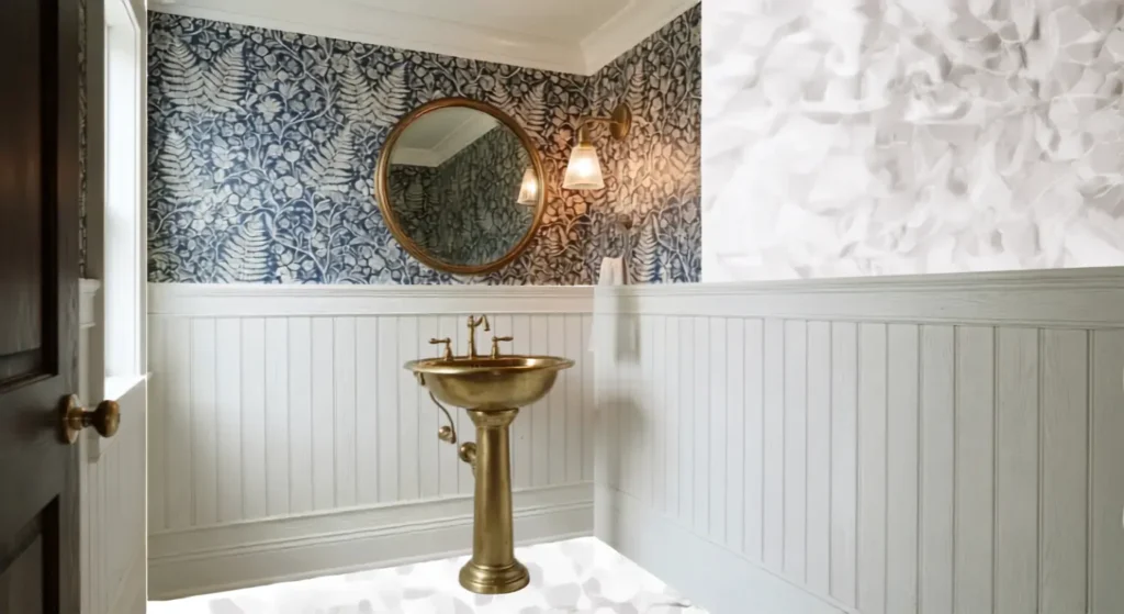 Powder room with wainscoting on lower wall and bold patterned wallpaper above, brass pedestal sink