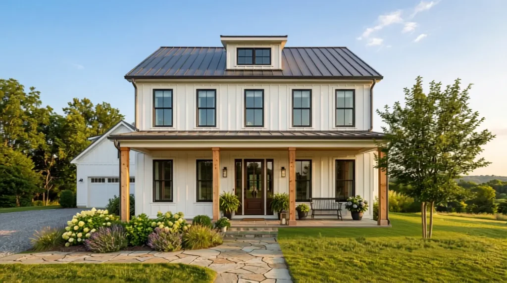 White farmhouse exterior with black framed windows and covered porch