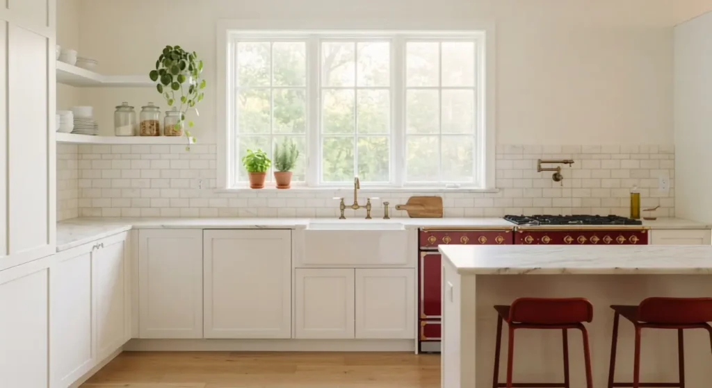 Classic red and white kitchen color pairing with natural stone countertops