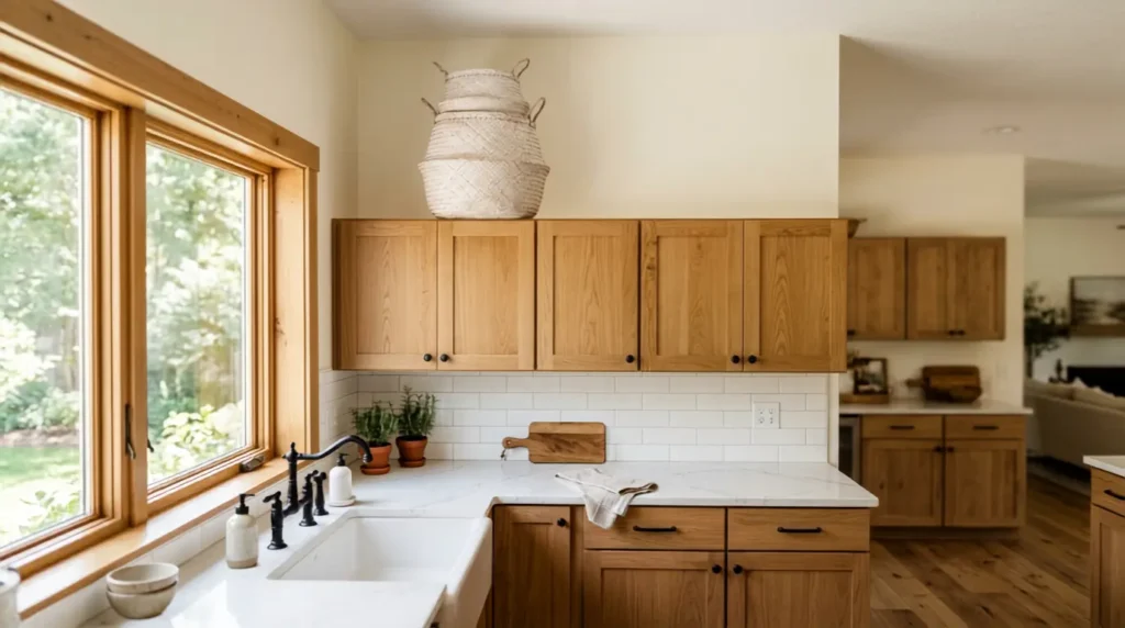 Woven baskets stacked above kitchen cabinets for hidden storage
