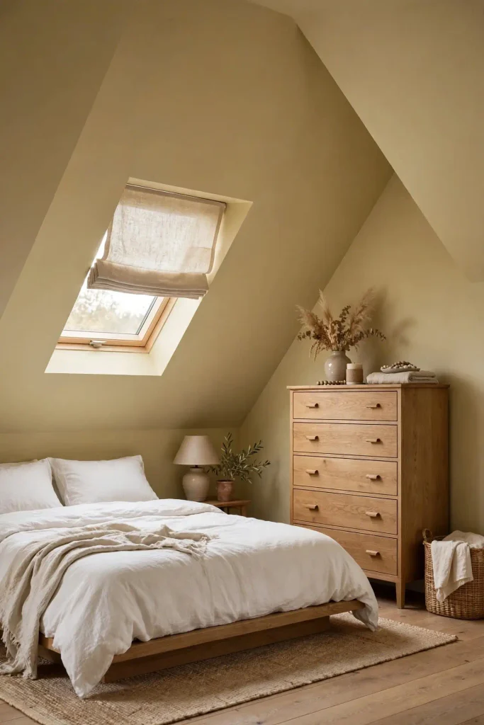 Rental bedroom with white walls, tan linen duvet, and camel curtains