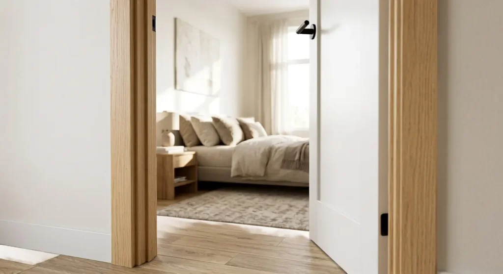 Open bedroom door showing standard bedroom door size and width from hallway perspective