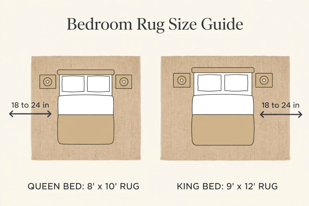 Bedroom rug size guide showing 8x10 rug for a queen bed and 9x12 rug for a king bed