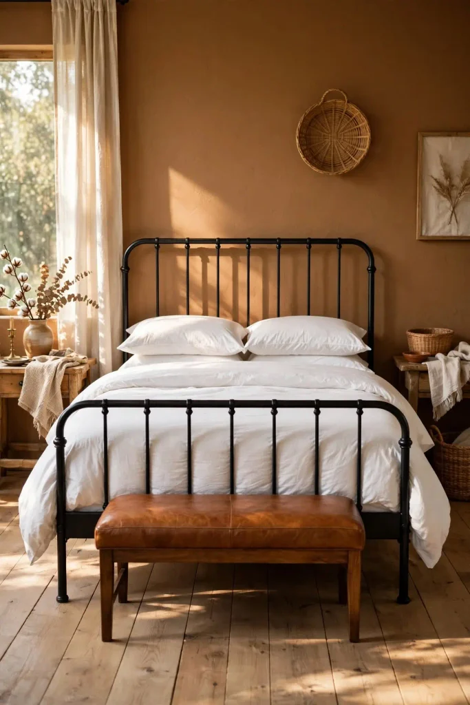 Black iron bed frame against caramel Latte walls with white bedding