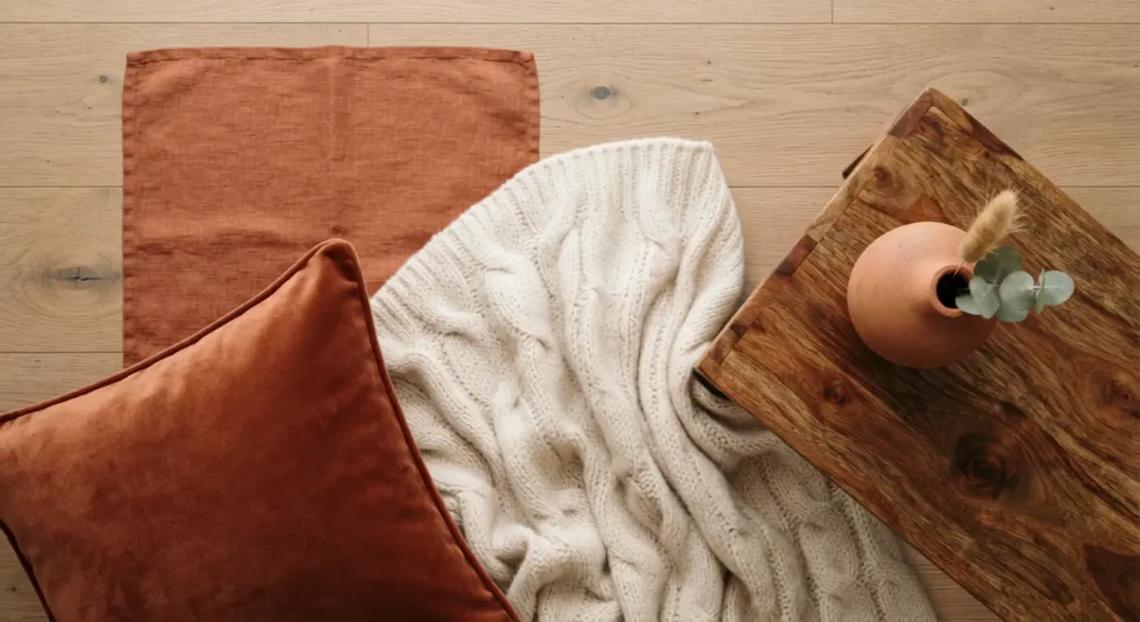 Terracotta, rust and cream color palette swatches for a boho living room