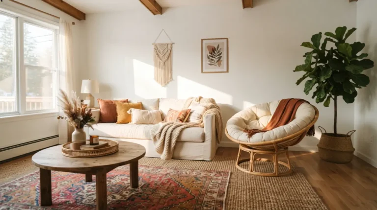 Sunlit boho living room with layered rugs, rattan chair and cream sofa