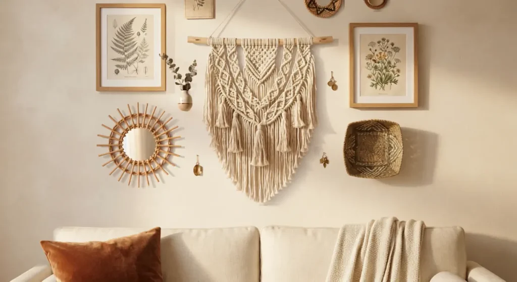 Boho gallery wall with macrame hanging and mixed framed art above a sofa