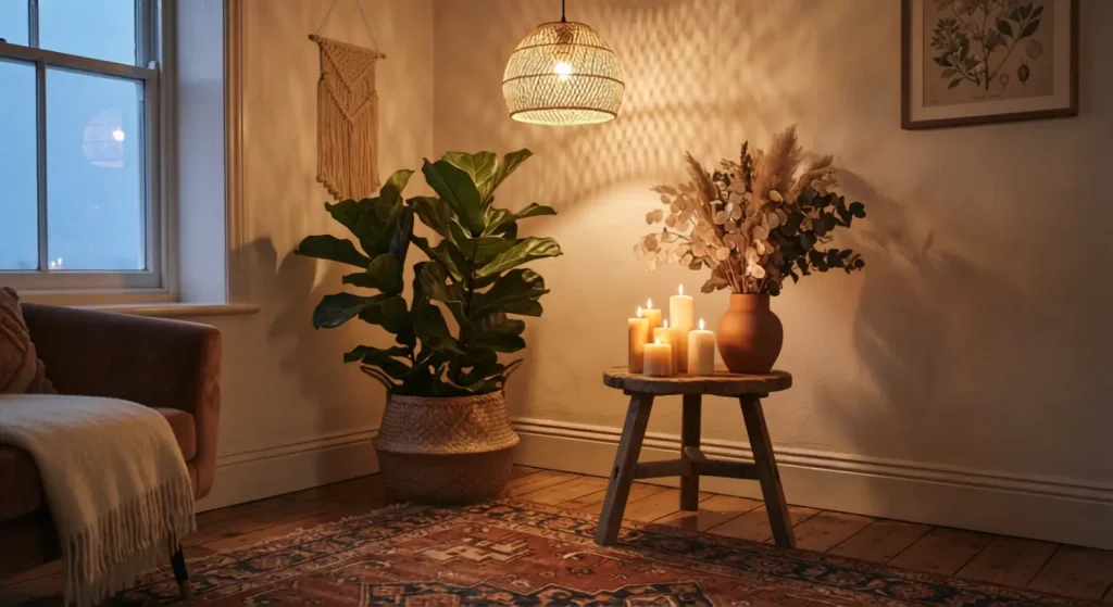 Boho living room corner with floor plant and warm rattan pendant lighting
