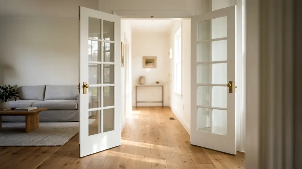 White interior French doors with glass panels dividing a bright modern living room