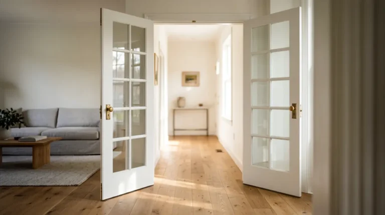 White interior French doors with glass panels dividing a bright modern living room