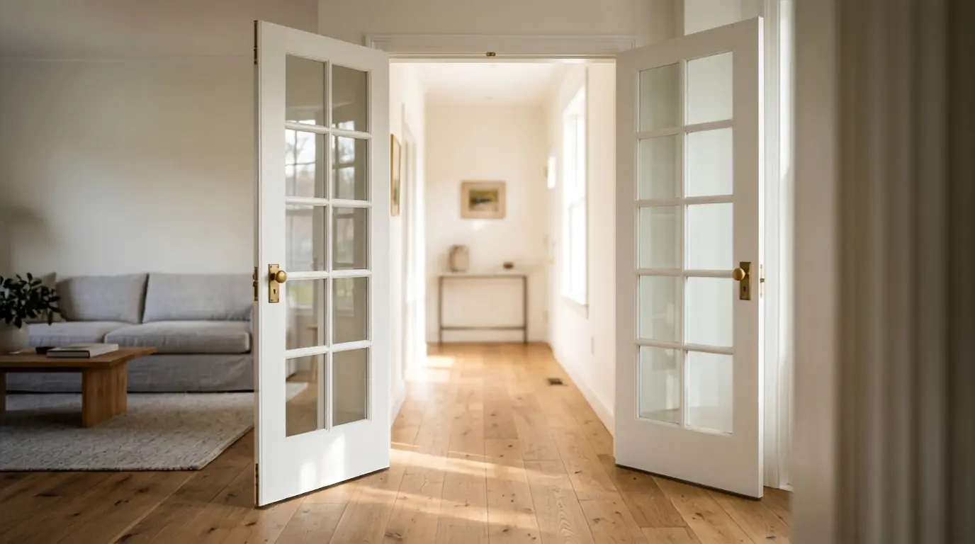 White interior French doors with glass panels dividing a bright modern living room
