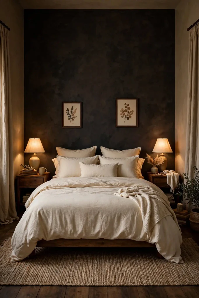 Dark brown Silhouette accent wall behind a bed with cream bedding