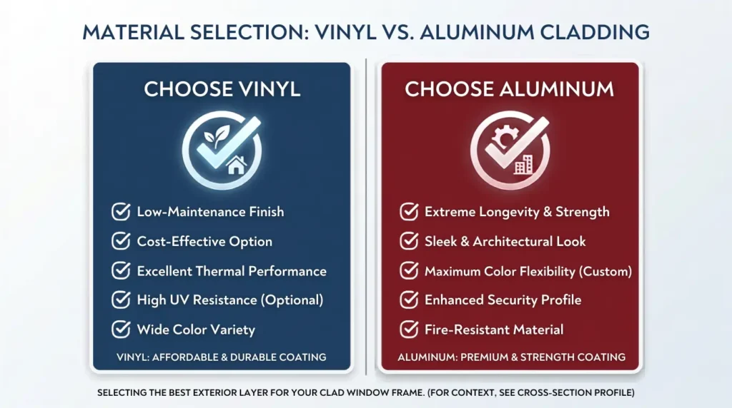 Decision guide card comparing when to choose vinyl versus aluminum windows