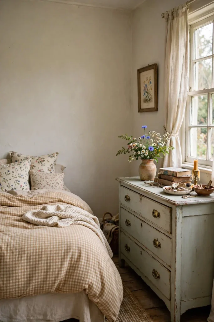 Cottage bedroom with a tan gingham duvet and a vintage dresser