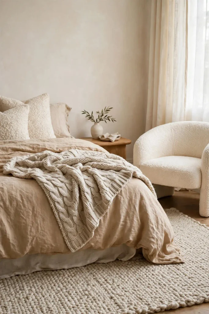 Cream and tan bedding layered with linen and bouclé textures