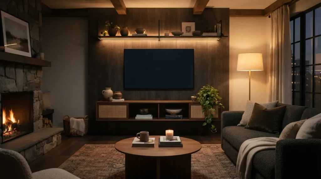 Living room with layered lighting and TV sized to two thirds of console width
