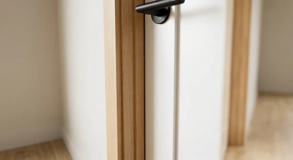 Close up of the clearance gap between a door slab and frame showing nominal versus actual door size