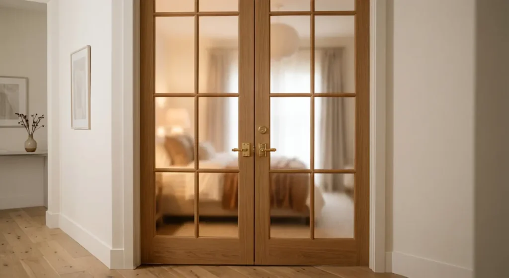 Frosted glass interior French doors providing privacy in a bedroom doorway