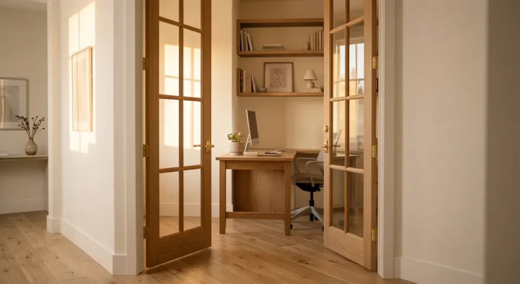 Home office with interior French doors letting in natural daylight