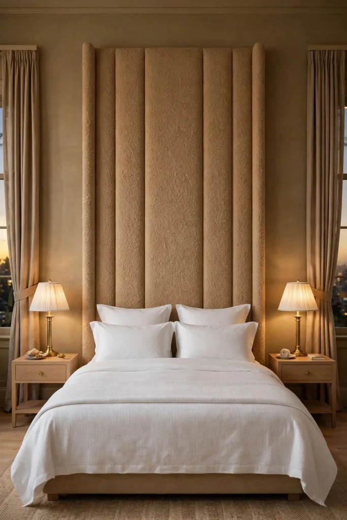 Tall tan bouclé headboard with matching nightstands and brass lamps