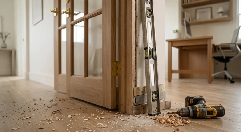 Carpenter tools and level beside a pre-hung interior French door frame during installation