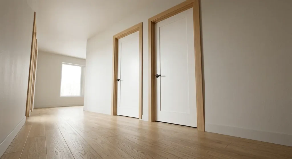 Two standard height interior doors in a hallway showing typical 80 inch door proportions