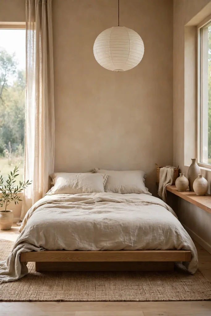 Japandi bedroom with a low oak bed and paper pendant lamp