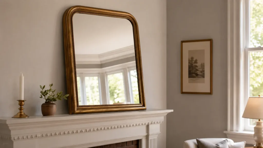 Large leaning mirror used as an anchor piece on a fireplace mantel