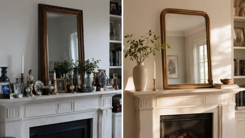 Comparison of a cluttered mantel versus a well balanced styled mantel