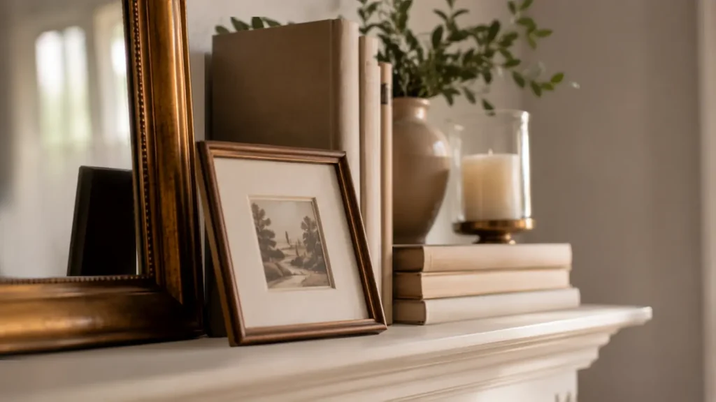 Mantel decor layered front to back for added depth