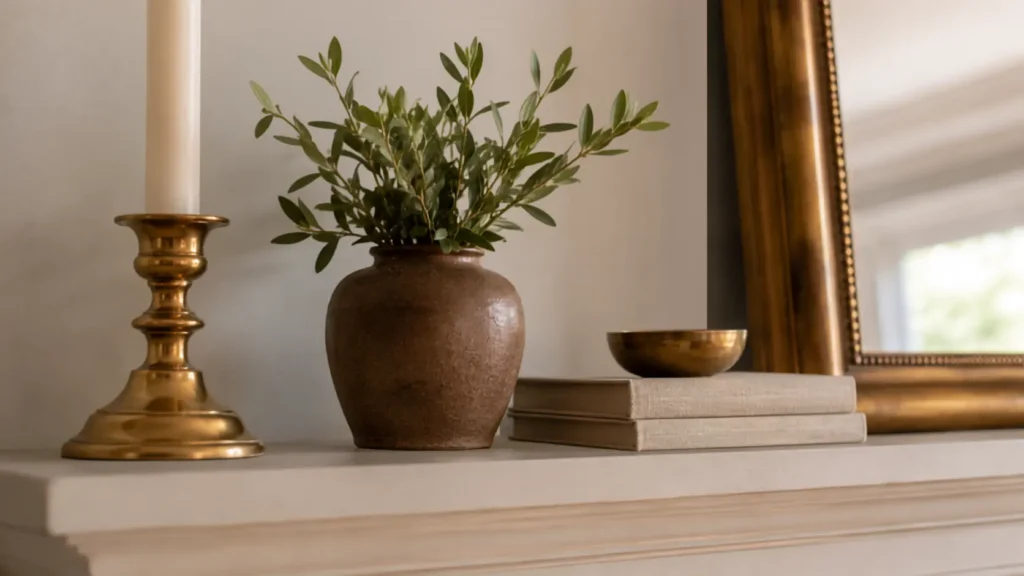 Mantel decor arranged in tall, medium, and short height layers