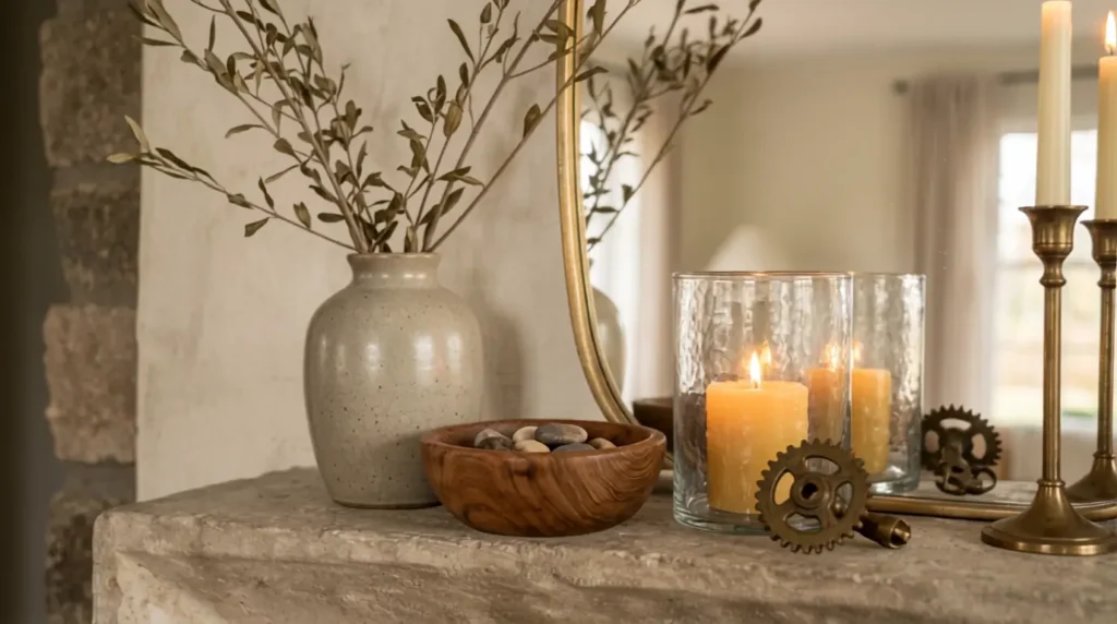 Mixed textures on a mantel with ceramic, wood, glass, and brass decor