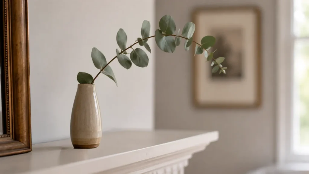 A single eucalyptus stem used as a natural touch in mantel decor