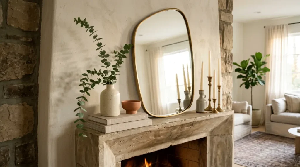 Styled fireplace mantel with a leaning mirror, candlesticks, and greenery