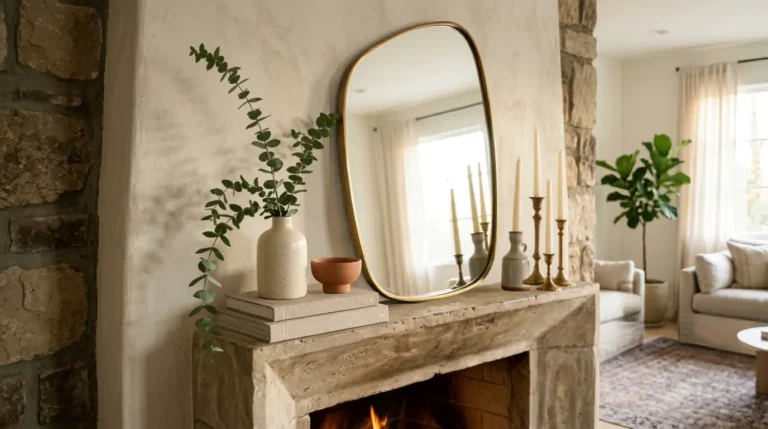 Styled fireplace mantel with a leaning mirror, candlesticks, and greenery