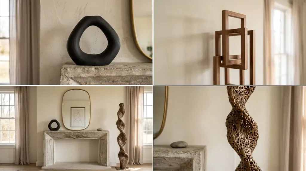 Modern minimalist mantel decor with one bold sculptural piece