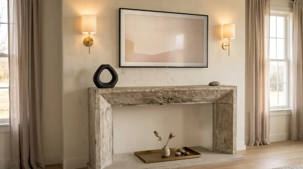 Fireplace mantel styled simply with a TV mounted above it