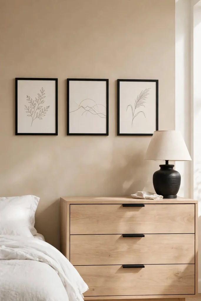 Light tan walls with matte black picture frames and a black lamp