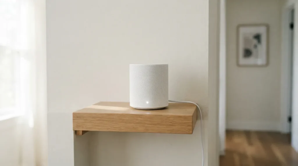  Mesh Wi-Fi router placed on an open shelf with clearance for smart home connectivity
