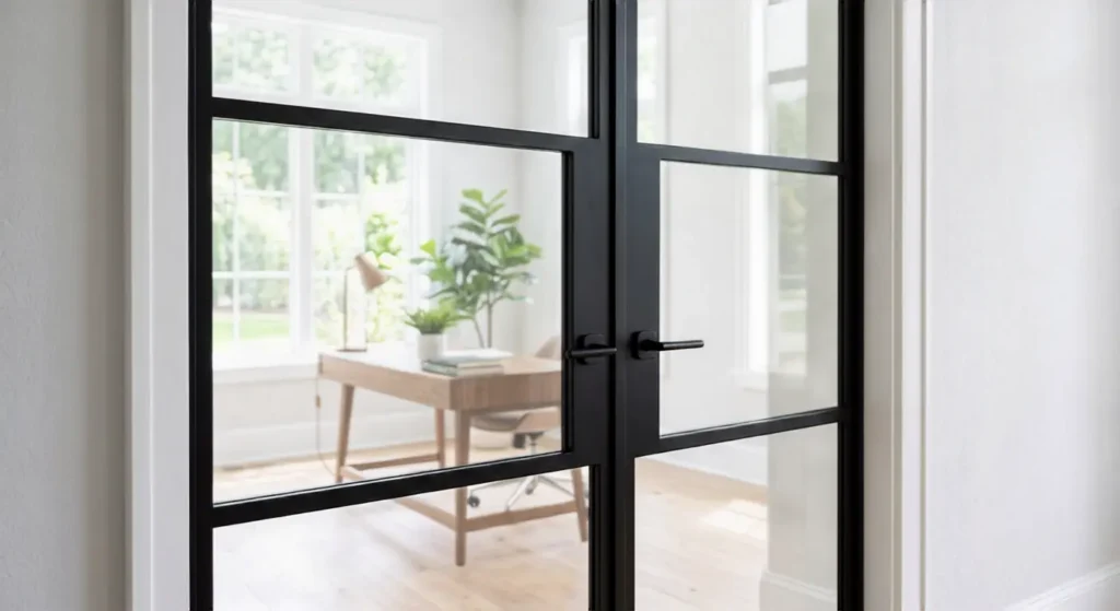 Close up of modern black frame French door showing divided glass lite pattern