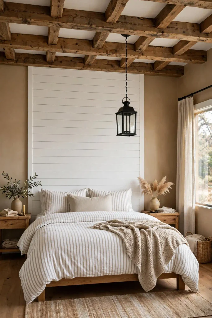 Farmhouse bedroom with wood beams, white shiplap, and tan walls
