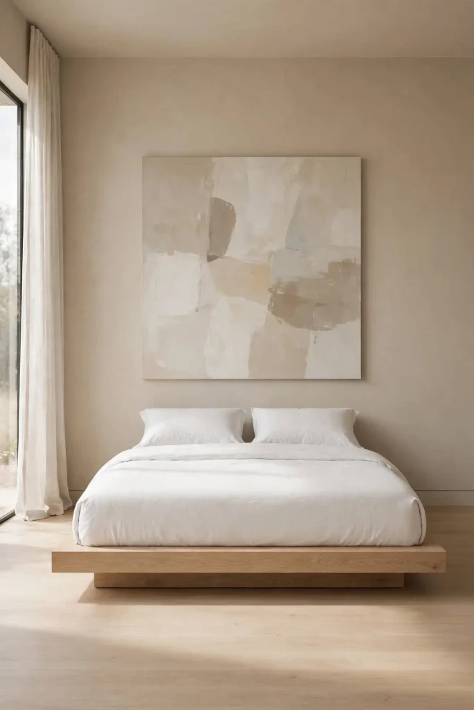 Minimalist bedroom with a low white oak platform bed and sand colored walls