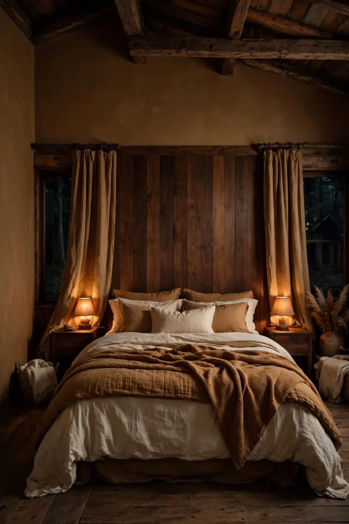 Moody bedroom with walnut wall paneling and deep caramel walls